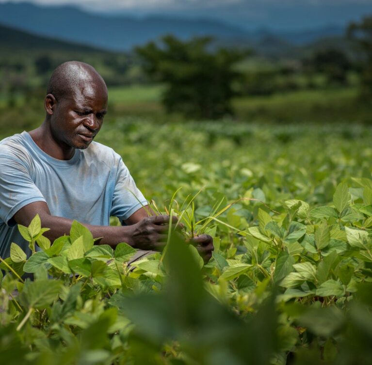 A farmer tends to his crops in a green field.